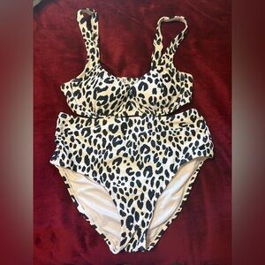 Kona Sol Leopard-Accent Bikini Set - Black & Cream